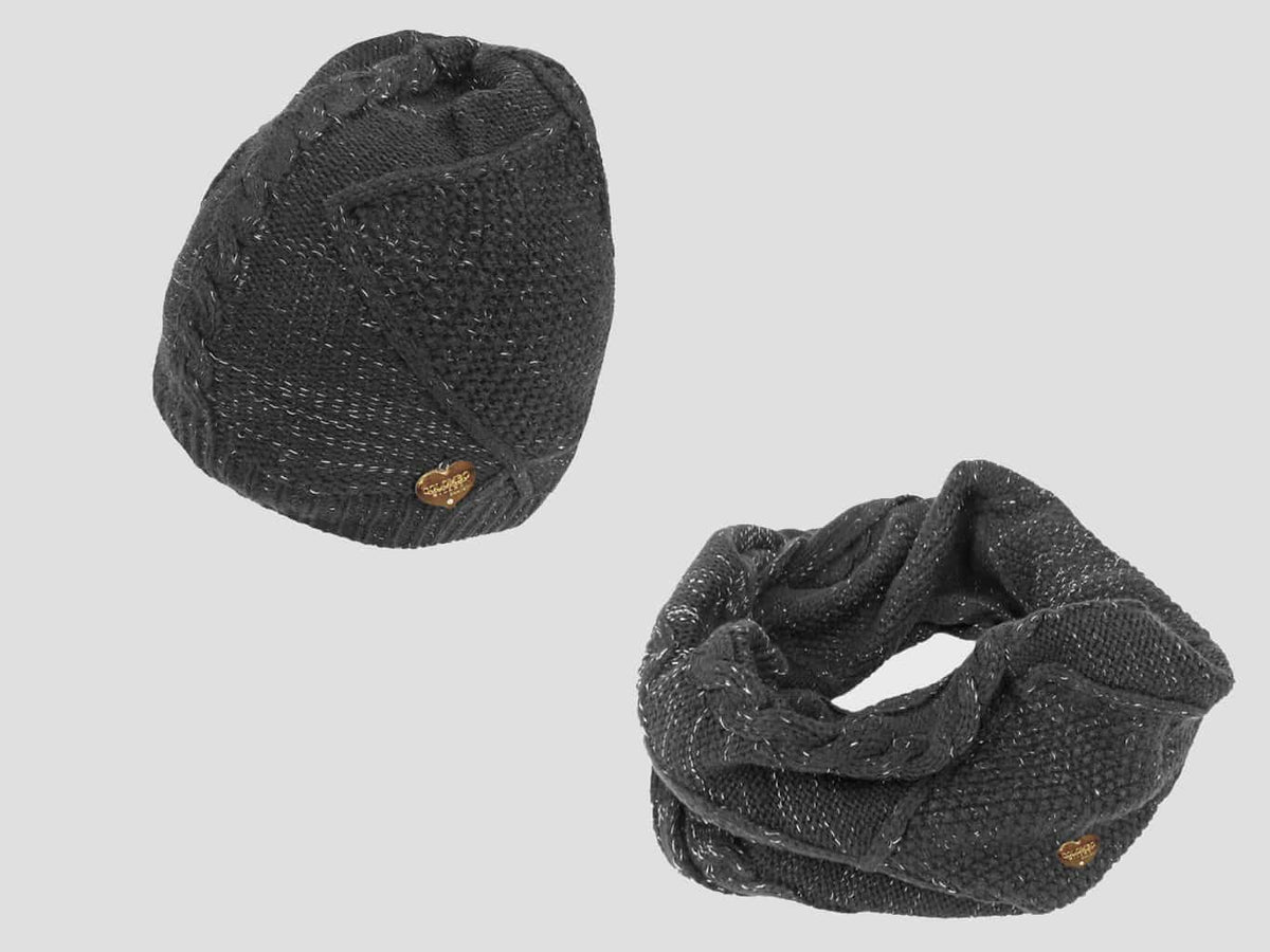 Antracite - Set donna cappello e sciarpa lavorati a trecce con lurex