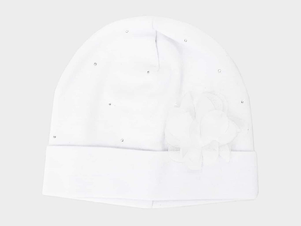 Bianco - Katy- Berretto neonata in cotone con strass e fiore in organza