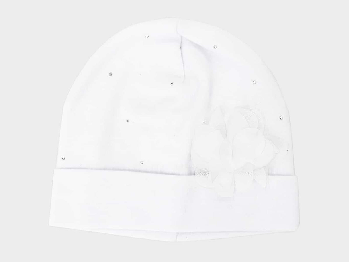 Bianco - Katy- Berretto neonata in cotone con strass e fiore in organza