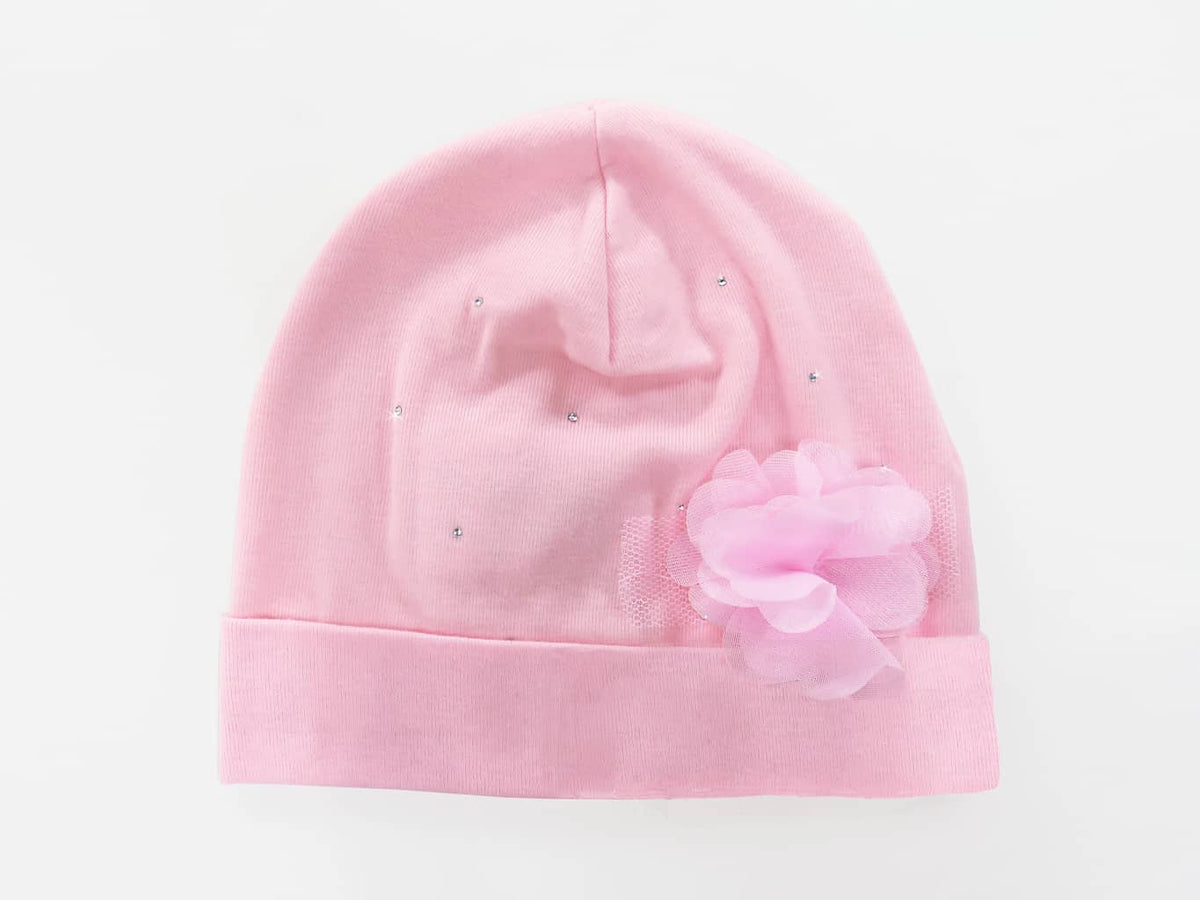 Rosa - Katy - Berretto neonata in cotone con strass e fiore in organza