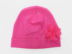 Fucsia - Katy - Berretto neonata in cotone con strass e fiore in organza