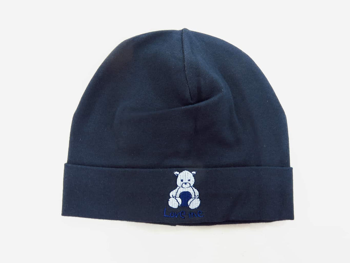 Blu - Teddy - Berretto neonato in cotone con orsetto ricamato