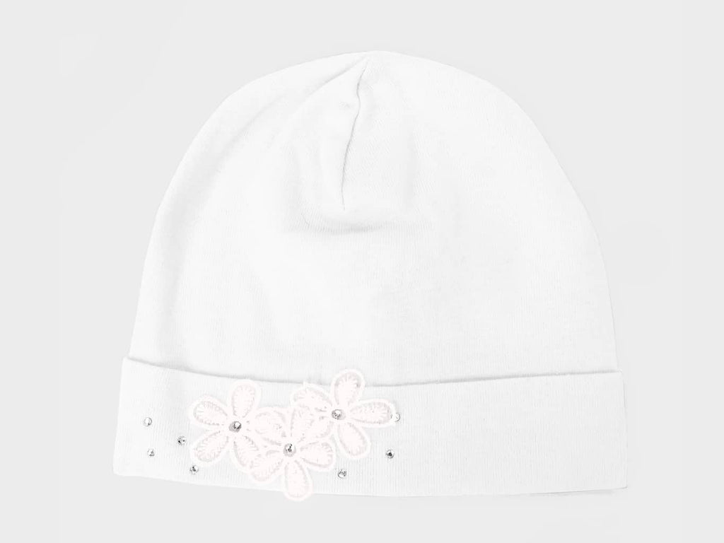 Bianco - Emily - Berretto neonata in cotone con strass e fiori in pizzo