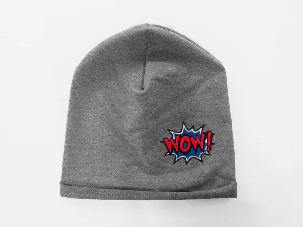 Grigio - WOW- Berretto bimbo e ragazzo con ricamo WOW
