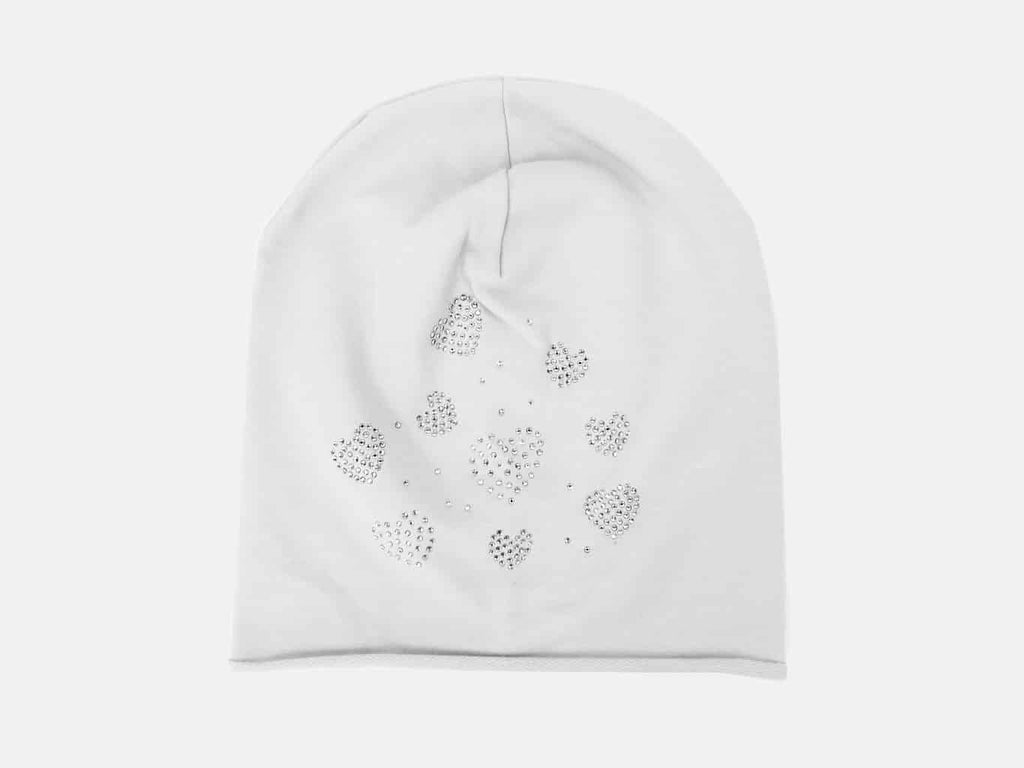 Bianco - Linda - berretto bimba misto cotone con cuori di strass