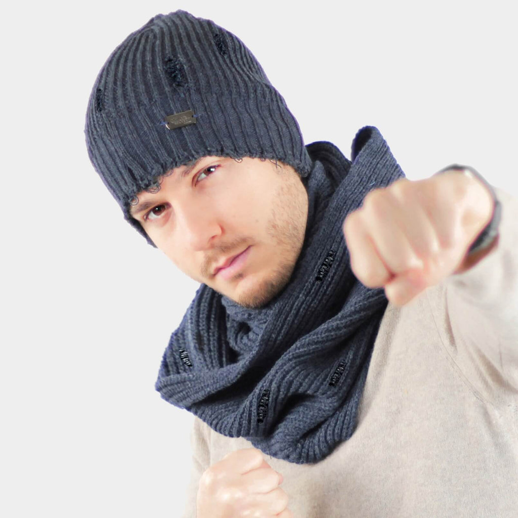 completo di cappello e sciarpa da uomo con strappi - Colombo Milano 1911 - colore blu