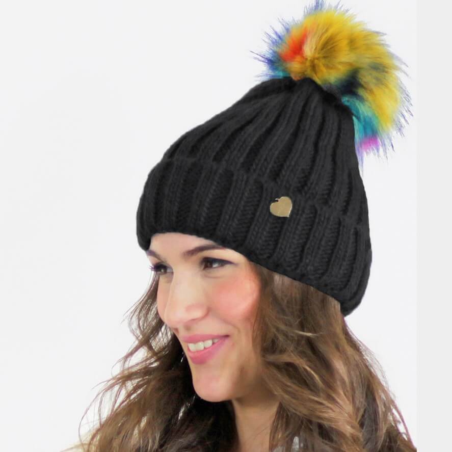 Cappello con pompon multi-color in ecopelliccia - Colombo Milano 1911 - nero