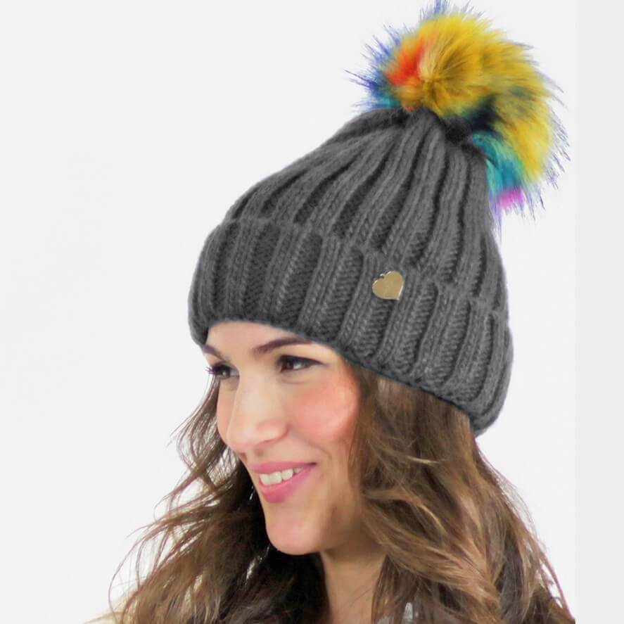 Cappello con pompon multi-color in ecopelliccia - Colombo Milano 1911 - grigio