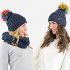 Sciarpa ad anello e cappello con pompon multi-color in ecopelliccia - blu- Colombo Milano 1911
