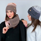 Cappello e sciarpa ad anello sfumate con lurex oro - fango