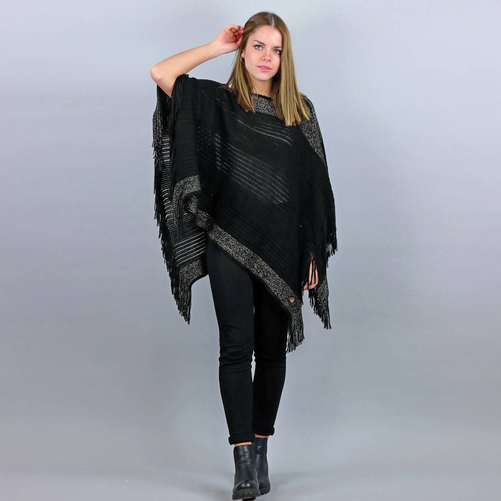 Poncho da donna con fasce di lurex oro e frange nero