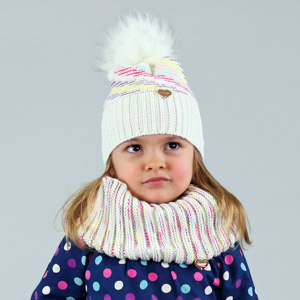 Set bimba con pompon in ecopelliccia e filato multi color