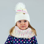 Set bimba con pompon in ecopelliccia e filato multi color