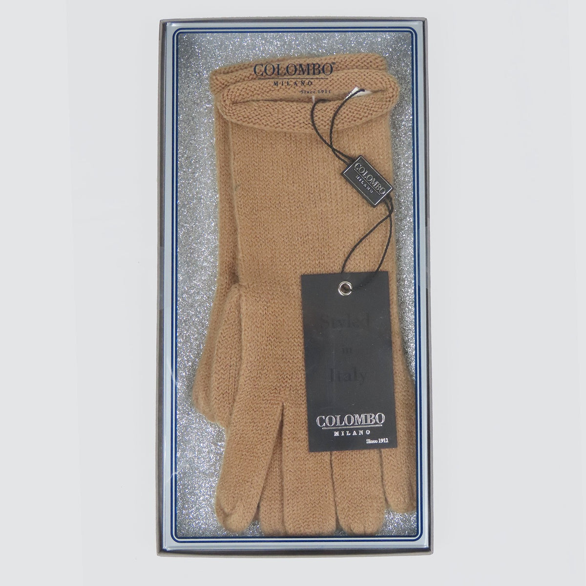 Guanti donna extra morbidi in scatola regalo fondo glitter camel