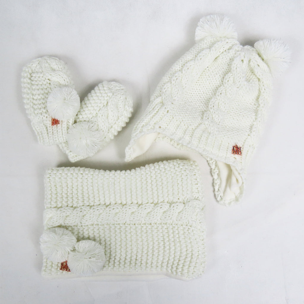 Cappello scaldacollo e muffole con trecce e lurex - 6m/18m flat lay