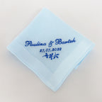 Fazzoletto della sposa colorato con riga di raso azzurro pastello ricamato