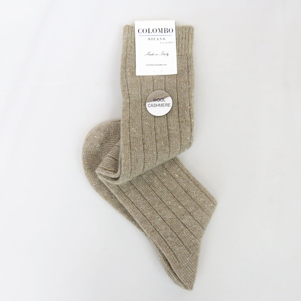 Calze lunghe a coste in Cashmere con lurex color sabbia