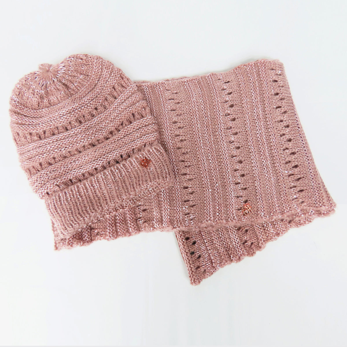 Cappello e sciarpa ad anello rosa antico con paillettes