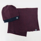Cappello e sciarpa ad anello bicolore blu e burgundy