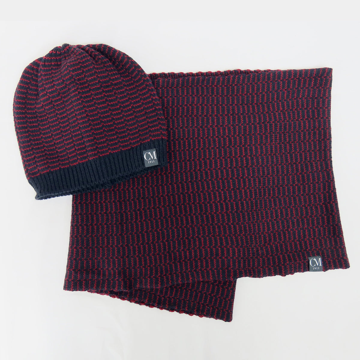 Cappello e sciarpa ad anello bicolore blu e burgundy