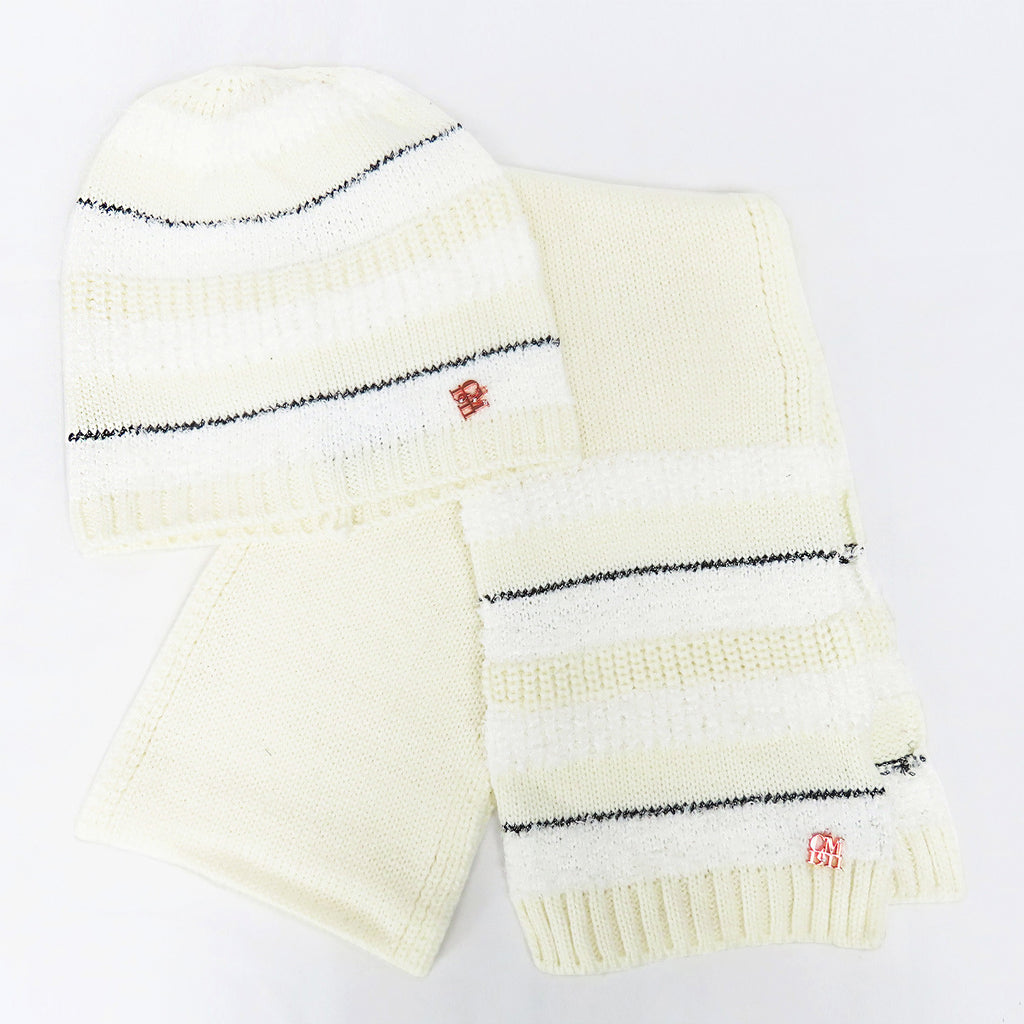 Cappello e sciarpa panna a righe pelose- 7/14a