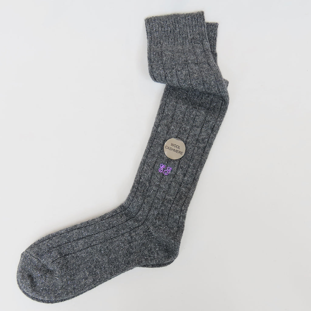 Calze grigie lunghe in Cashmere con lurex argento con iniziali
