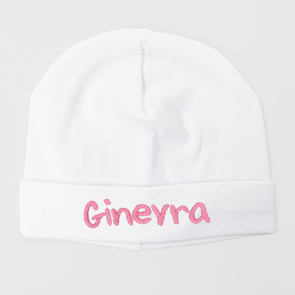 Cappello neonato bianco in cotone con nome ricamato