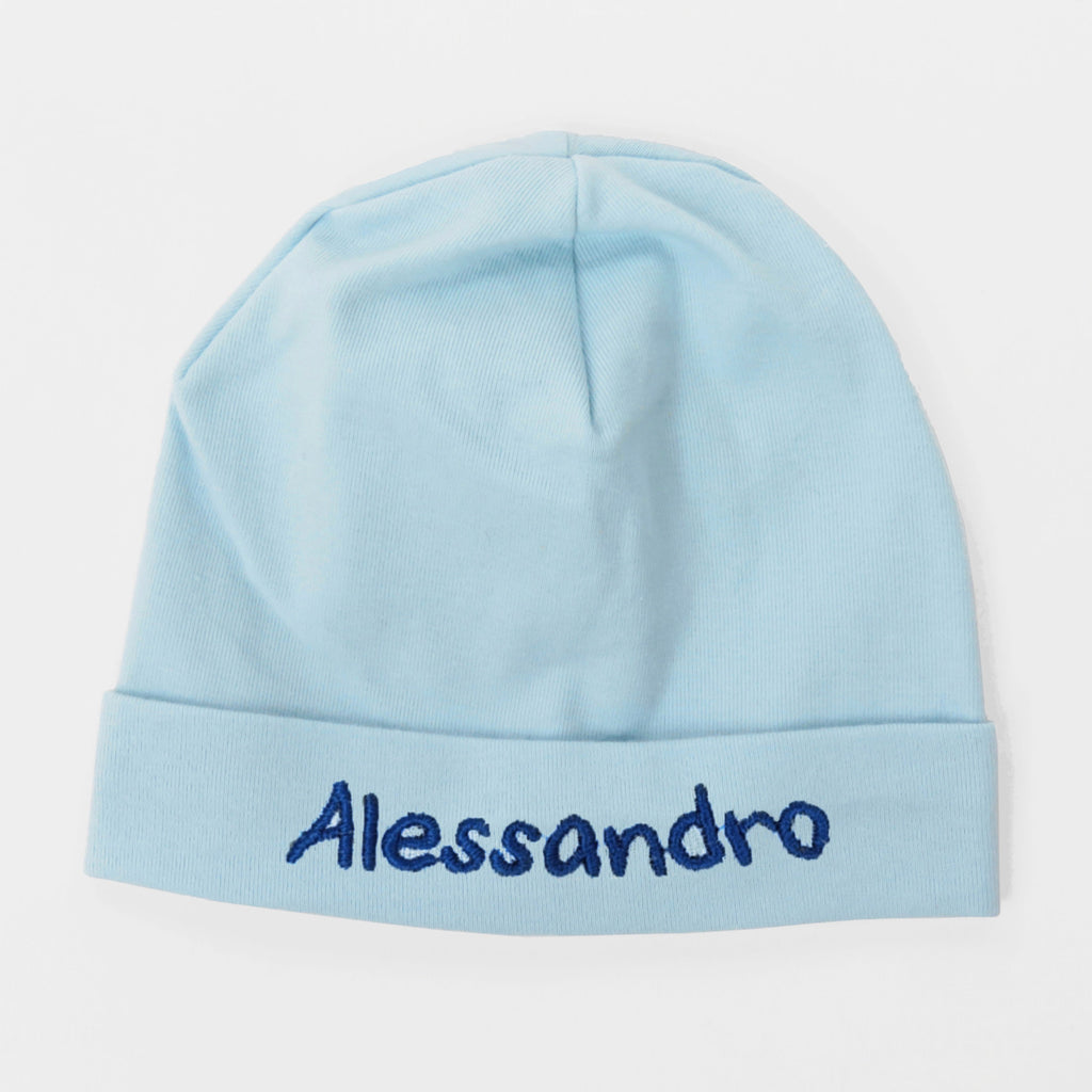 Cappello neonato azzurro in cotone con nome ricamato