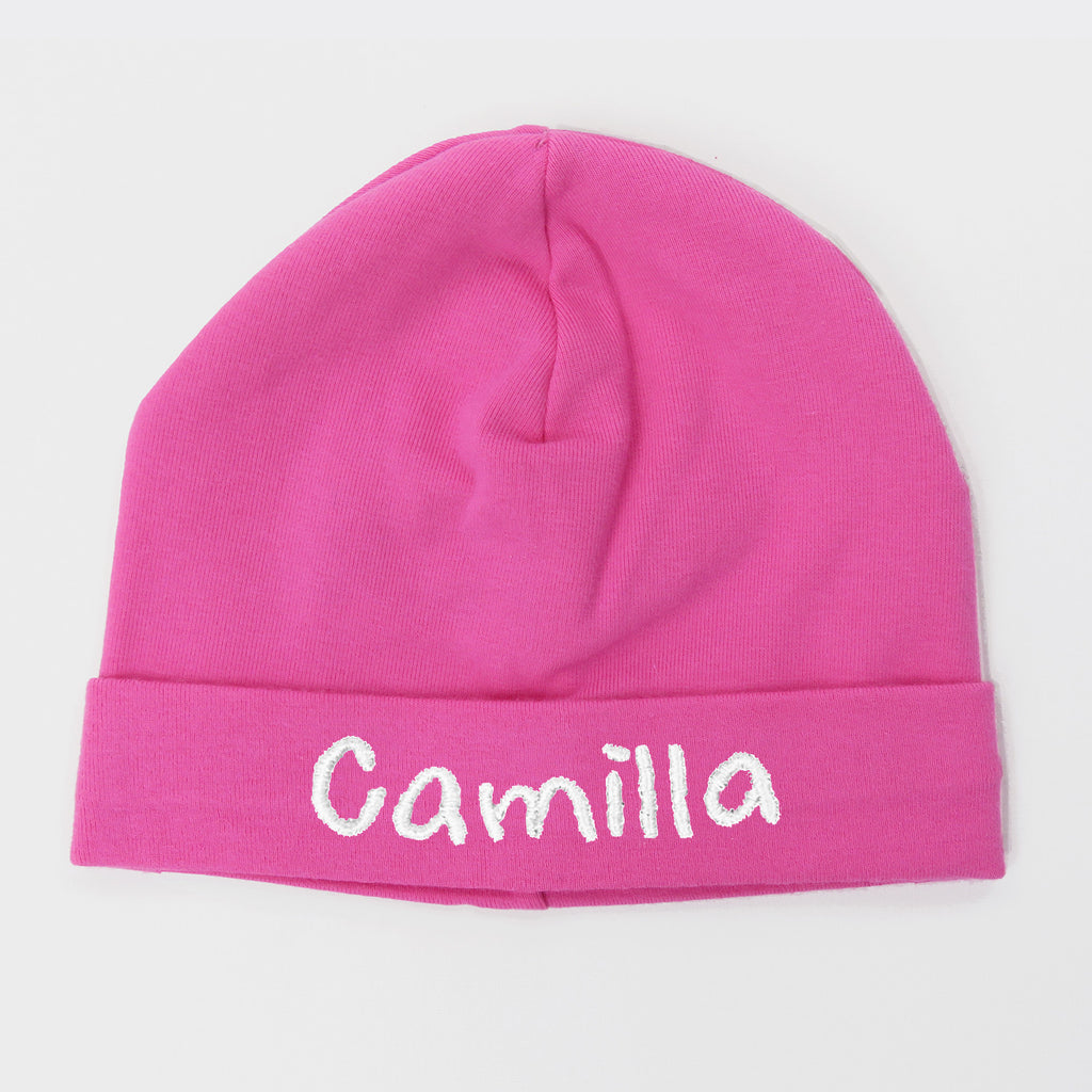Cappello neonato fucsia in cotone con nome ricamato