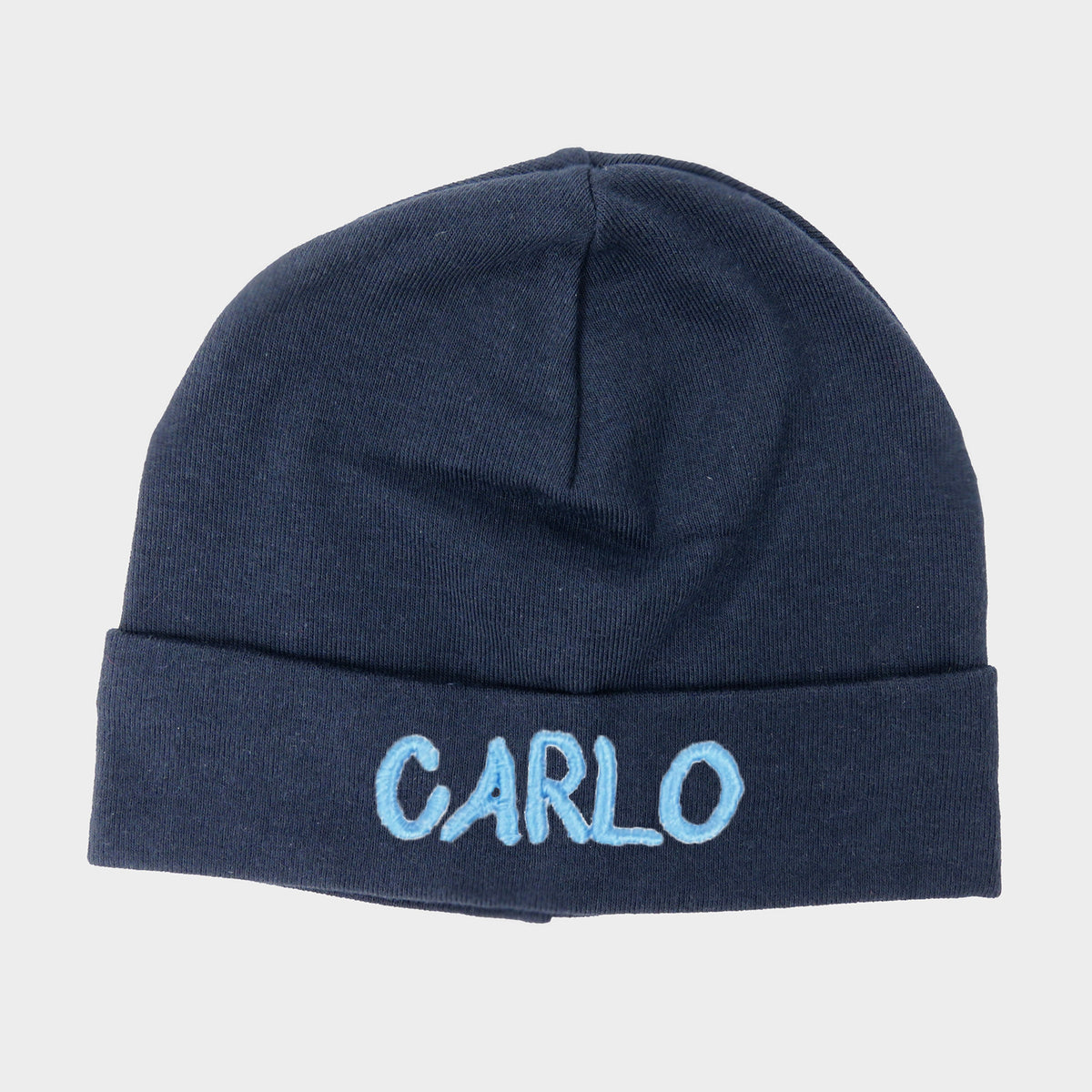 Cappello neonato blu in cotone con nome ricamato