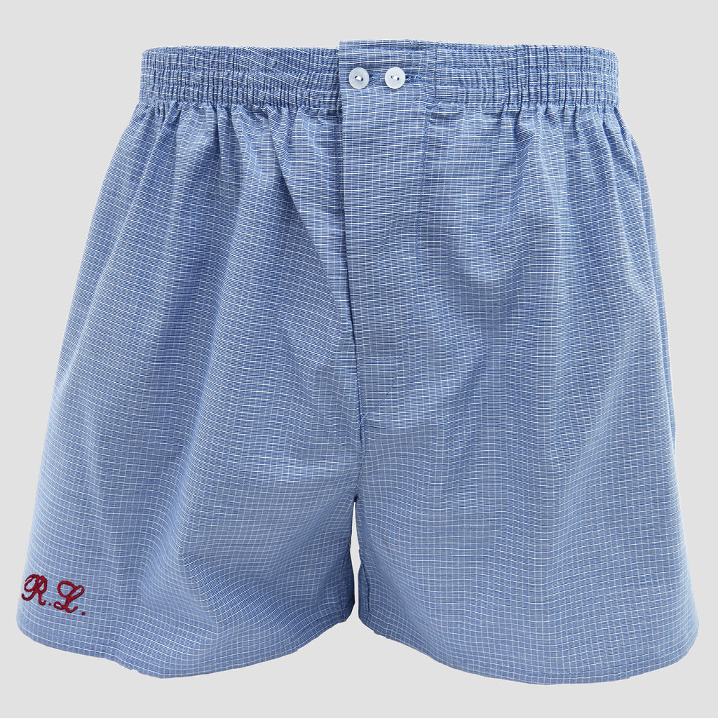 Boxer in tela blu a quadri bianchi con iniziali ricamate - 100% cotone
