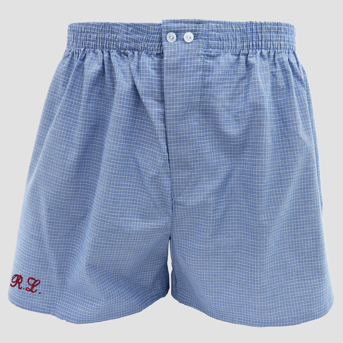 Boxer in tela blu a quadri bianchi con iniziali ricamate - 100% cotone