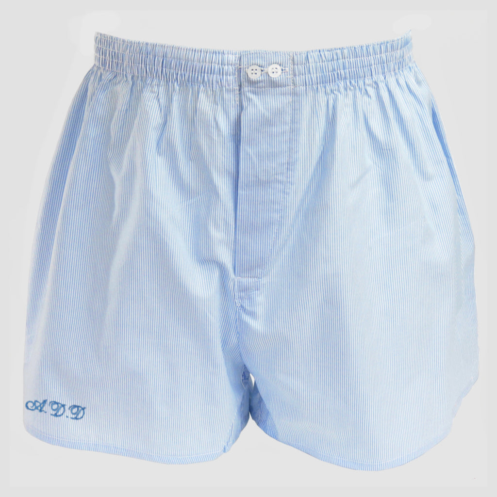 Boxer in tela a righe azzurre con iniziali ricamate - 100%cotone