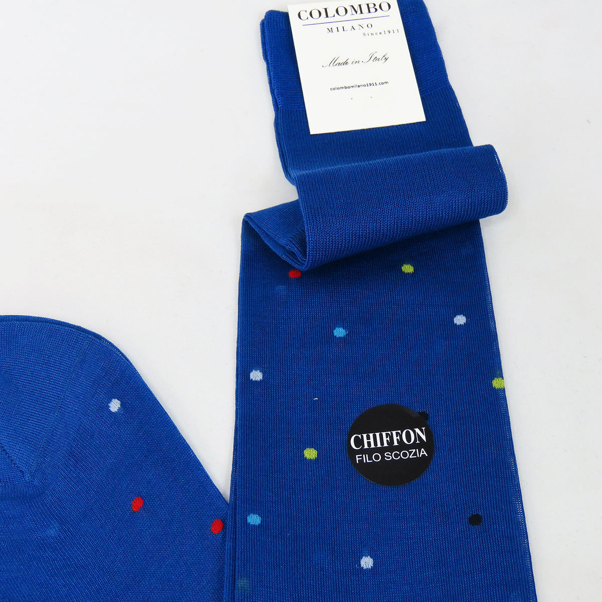 POIS bluette- Calza lunga chiffon filo di scozia a pois dettaglio