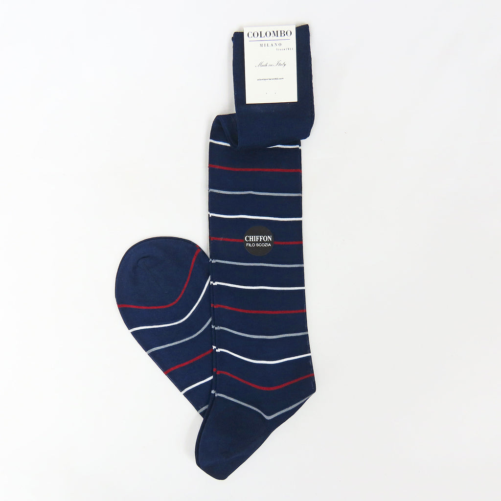 Righe rosse e grigie - Calza lunga blu chiffon filo di scozia