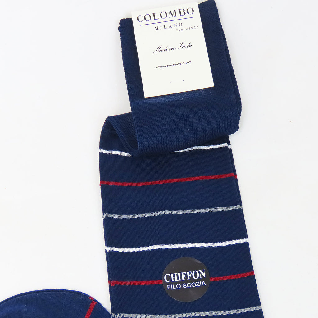 Righe rosse e grigie - Calza lunga blu chiffon filo di scozia dettaglio