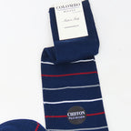 Righe rosse e grigie - Calza lunga blu chiffon filo di scozia dettaglio