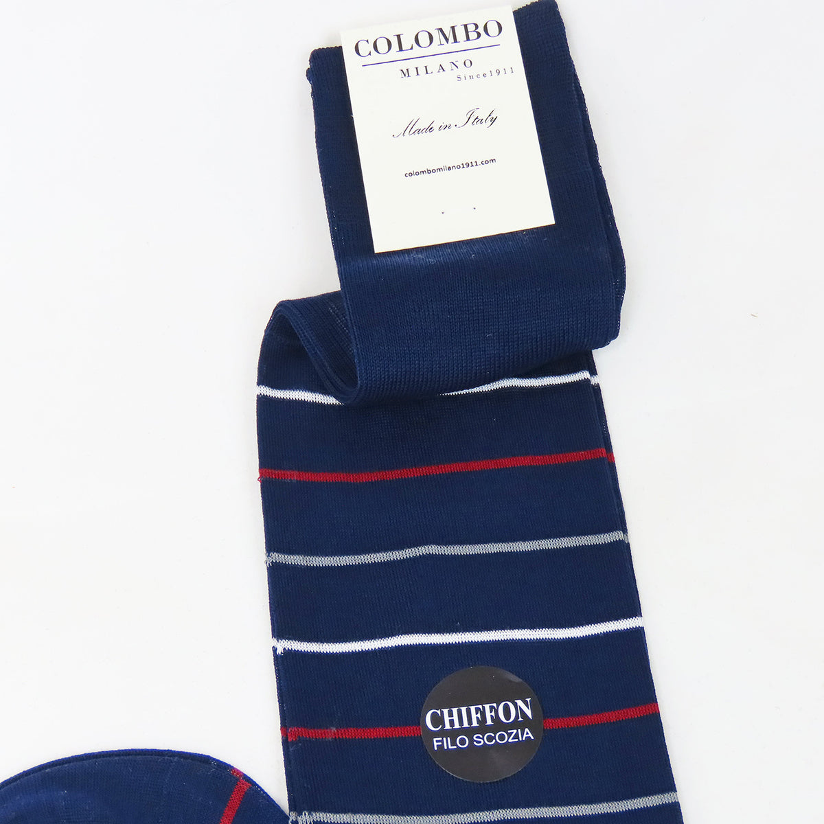 Righe rosse e grigie - Calza lunga blu chiffon filo di scozia dettaglio