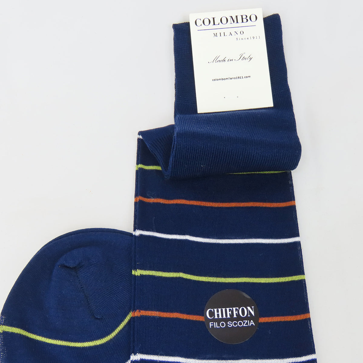 Righe verdi e terra - Calza lunga blu chiffon filo di scozia dettaglio