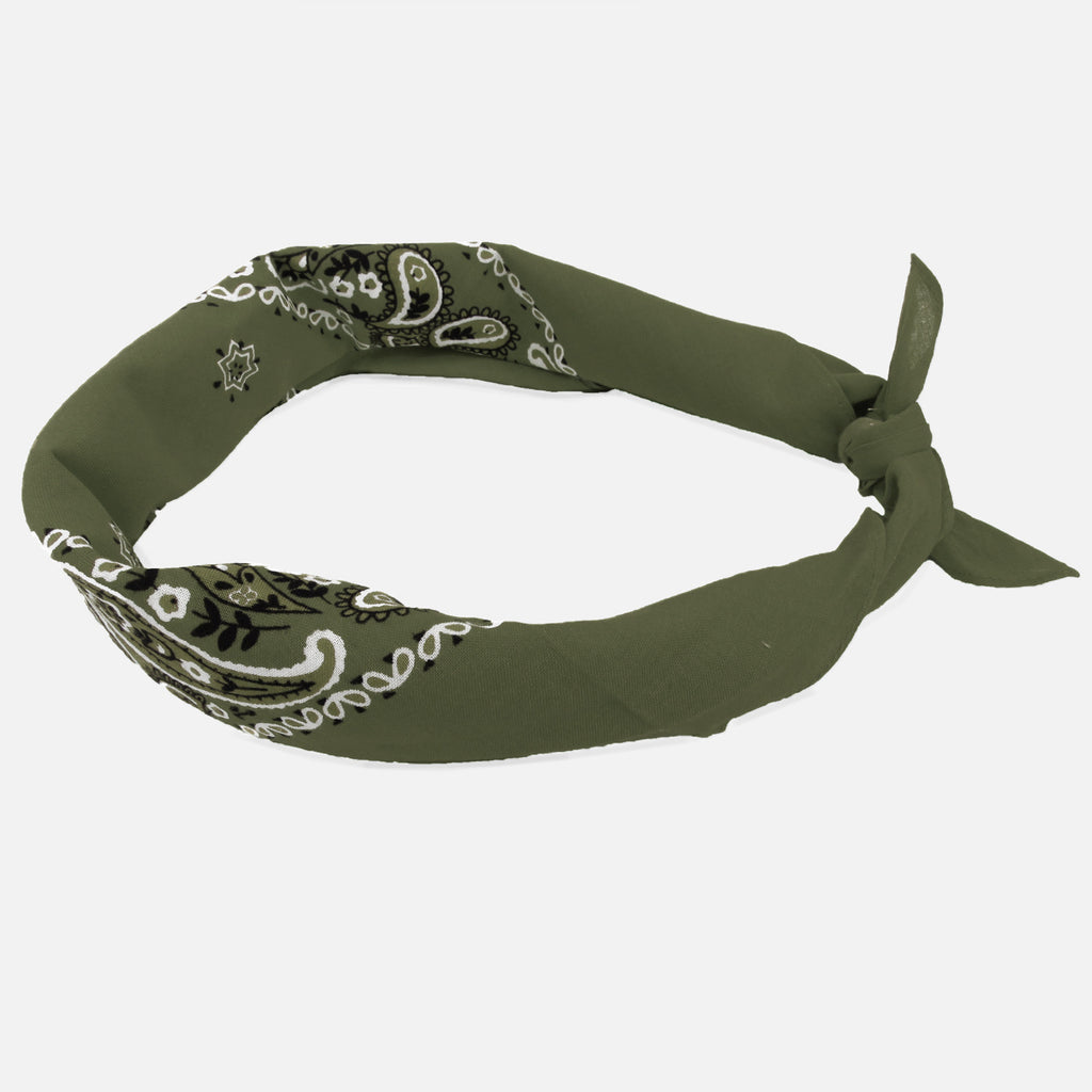 Bandana colorata “PAISLEY” con stampa cachemire - verde militare arrotolata