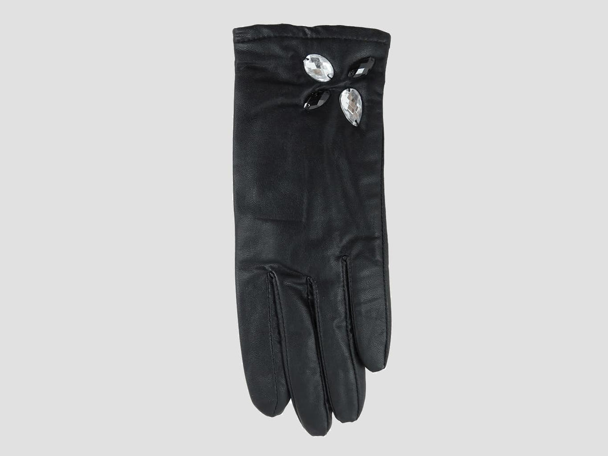 Modello - guanti donna - guanto nero in ecopelle con pietre cucite a mano