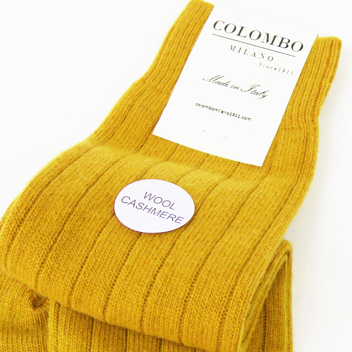 Calze lunghe a costa in Cashmere - gialle dettaglio