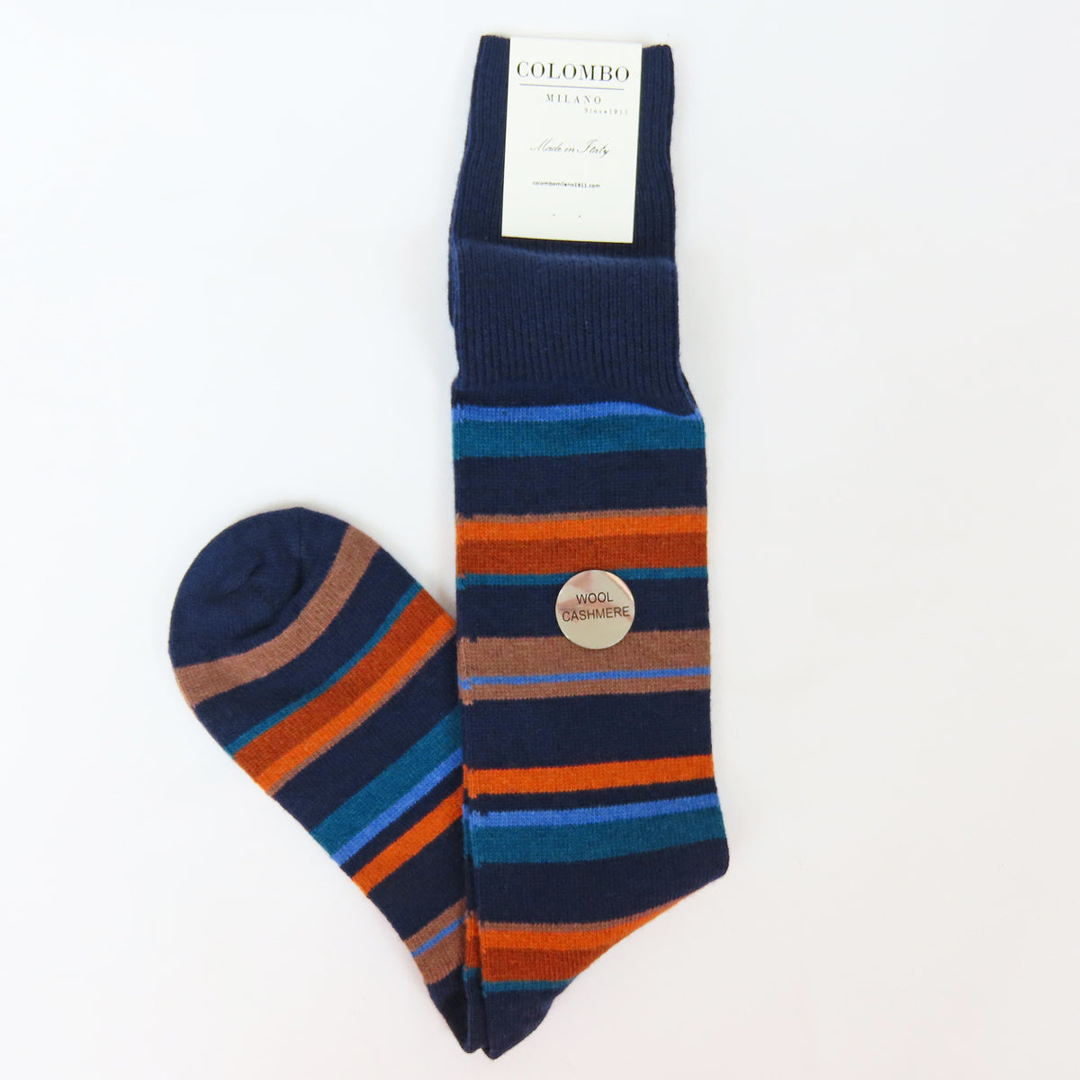 Calze lunghe in Cashmere - righe fini multicolor blu righe gialle