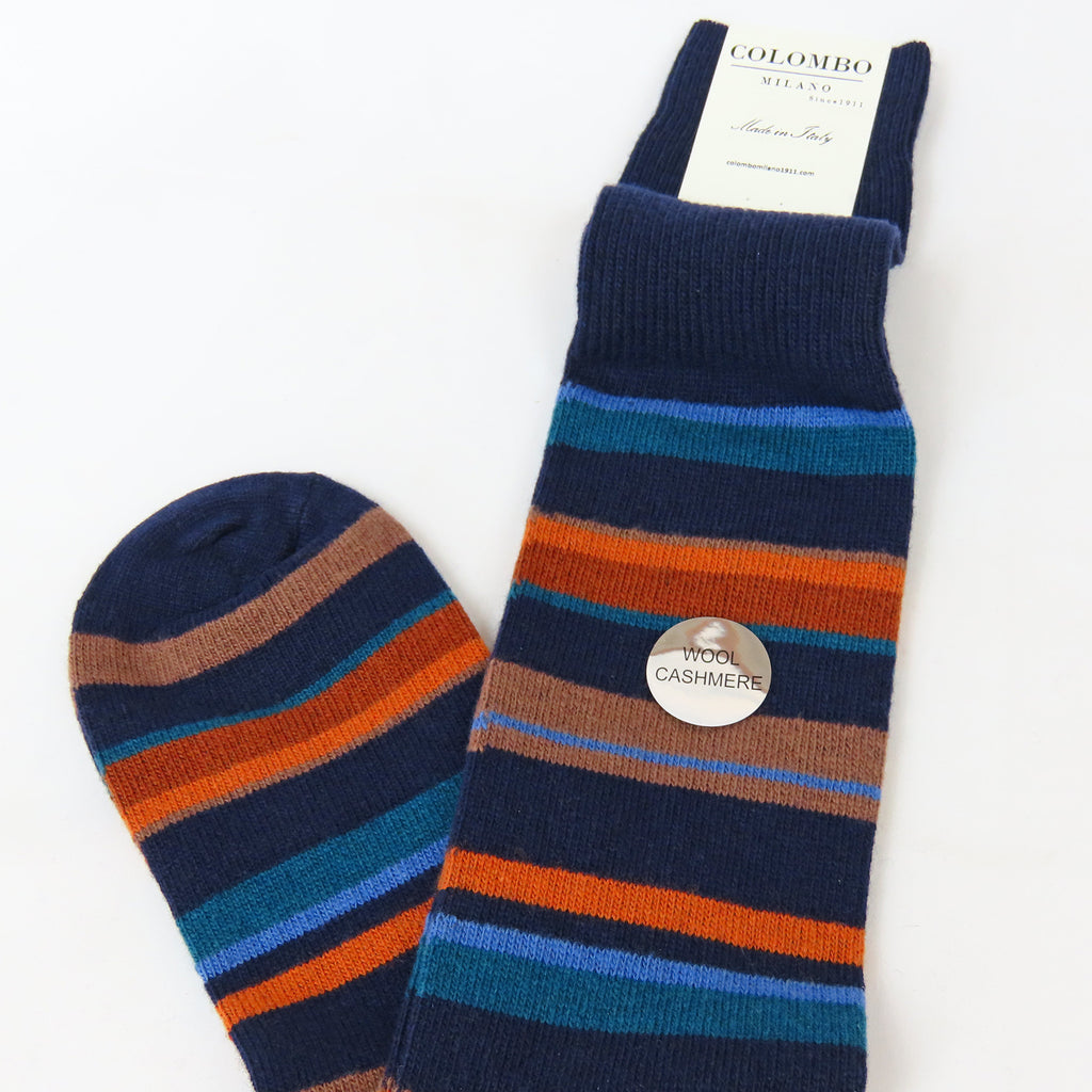 Calze lunghe in Cashmere - righe fini multicolor blu righe gialle dettaglio