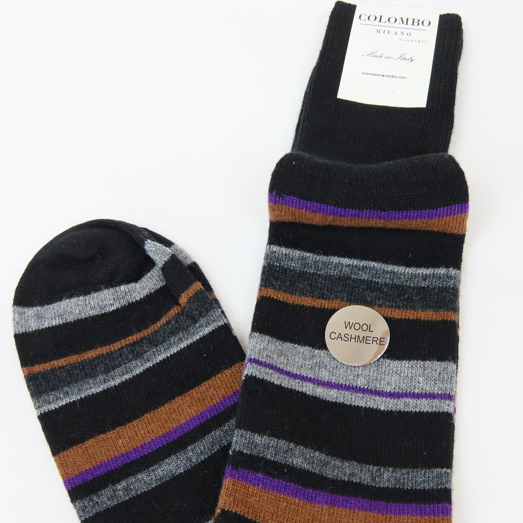 Calze lunghe in Cashmere - righe fini multicolor nere  righe grigie e marroni dettagli