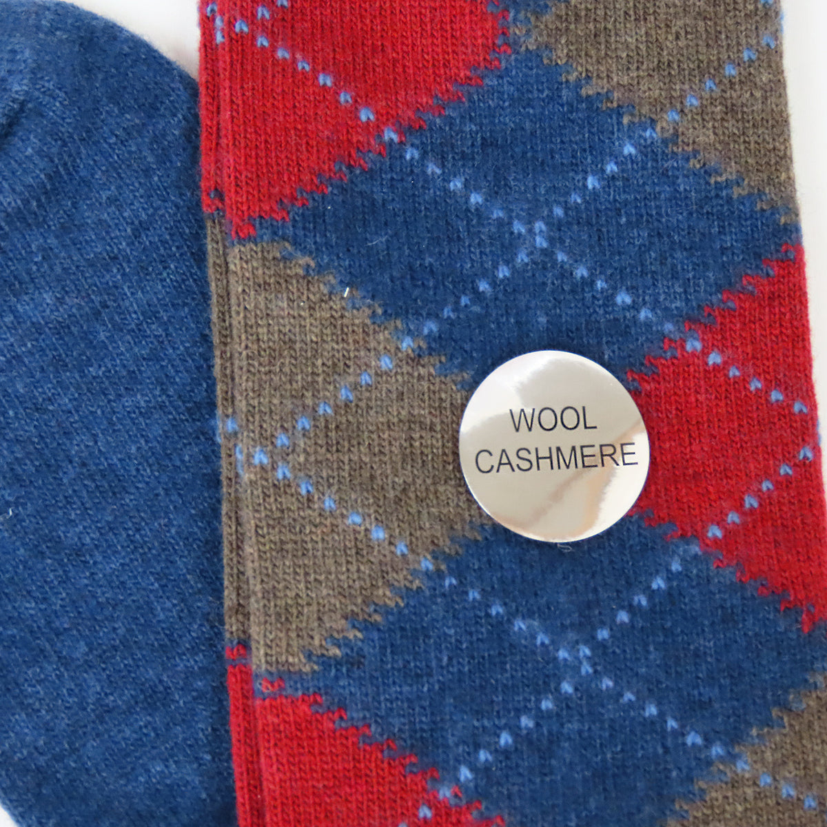 Calze lunghe in Cashmere - denim con rombi rossi e fango dettaglio