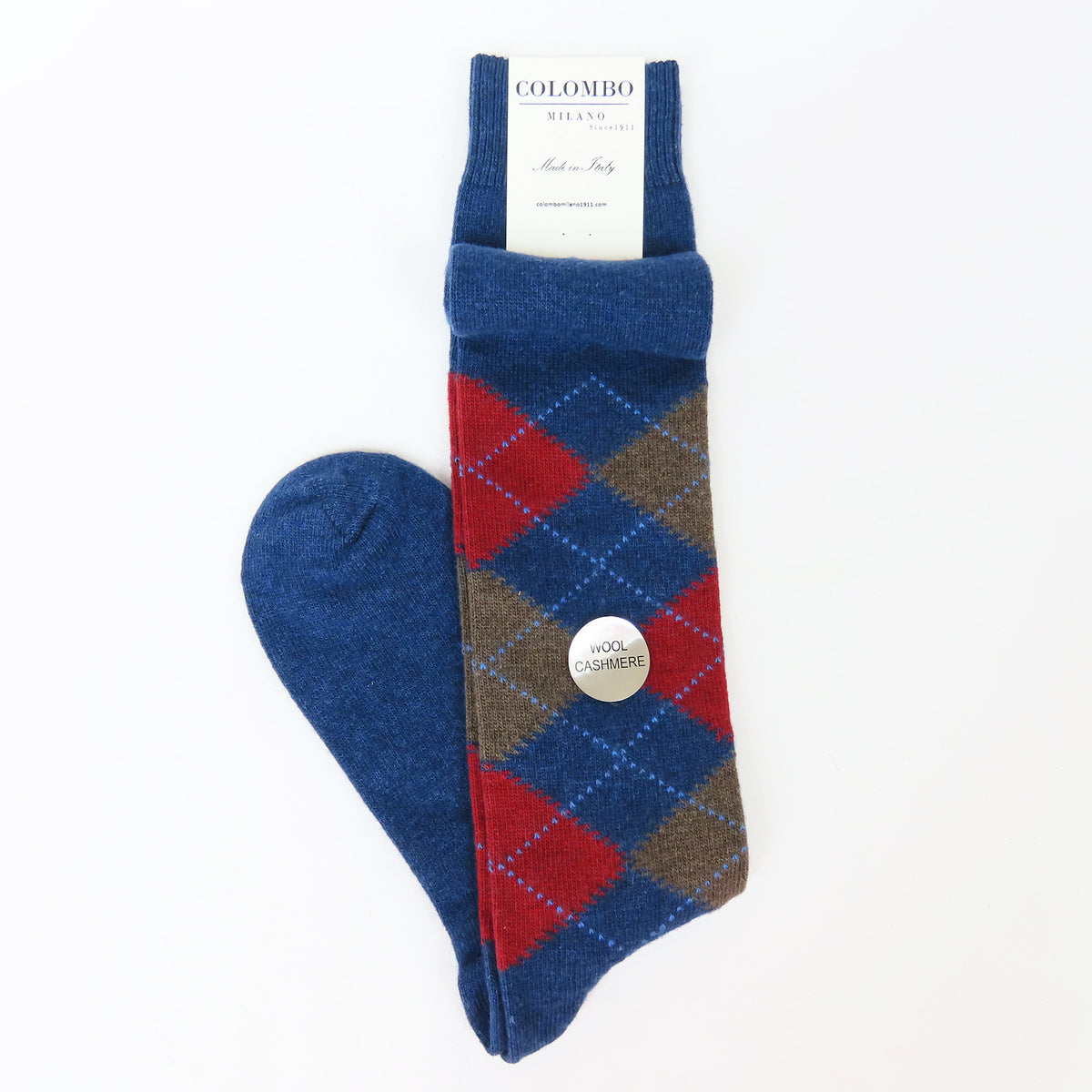 Calze lunghe in Cashmere - denim con rombi rossi e fango