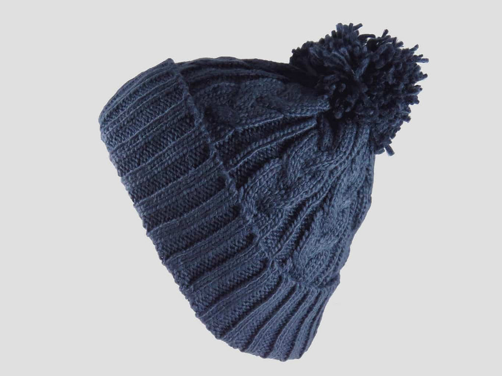 Blu - berretto - cappello morbido tricot lavorato a trecce con risvolto e pompon