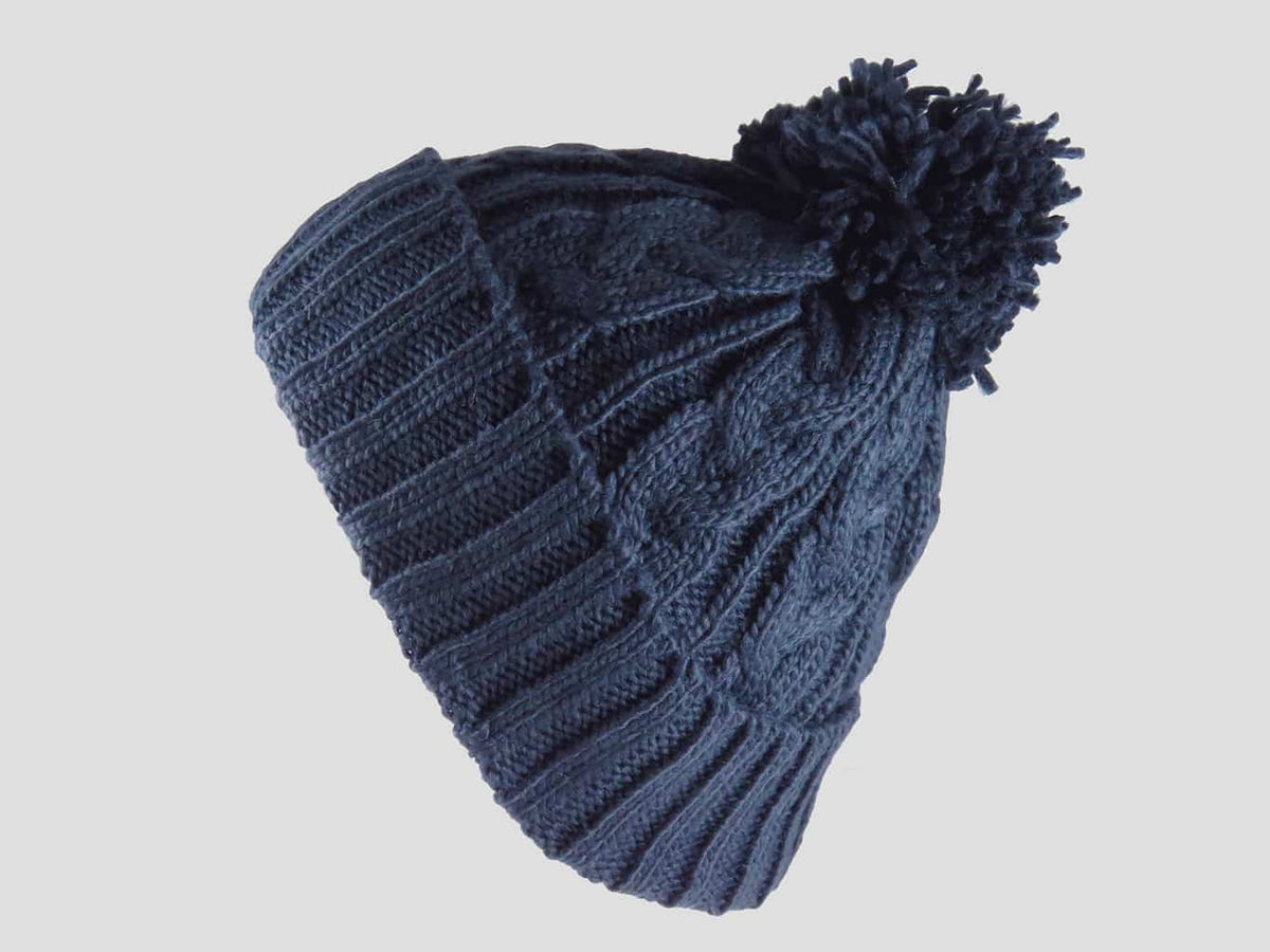 Blu - berretto - cappello morbido tricot lavorato a trecce con risvolto e pompon