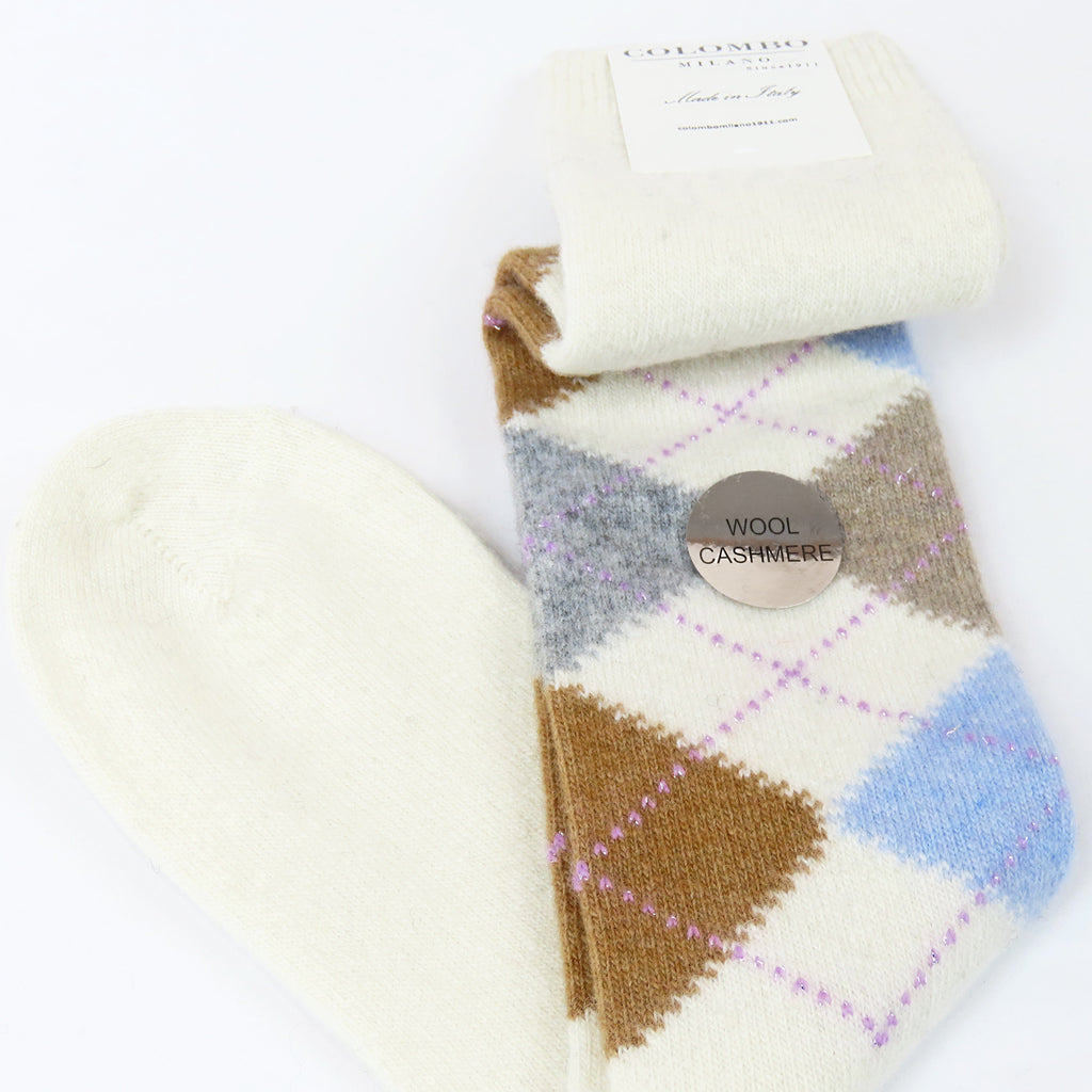 Calze lunghe in Cashmere a rombi con lurex - colori chiari panna dettaglio